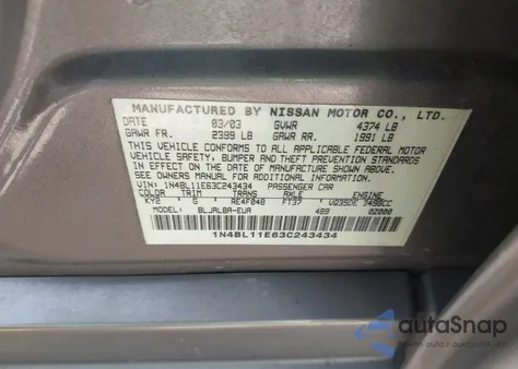 2003 Nissan Altima 3.5 Se z USA, uszkodzony, nr VIN 1N4BL11E63C243434